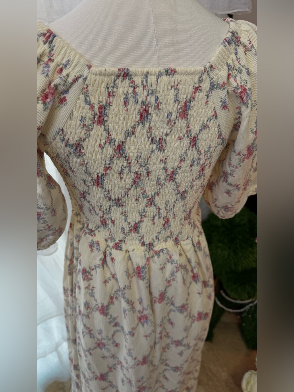 Nwt Pink Desert Floral Corduroy Midi Dress With Puff Sleeves Cream — image 8 of 8